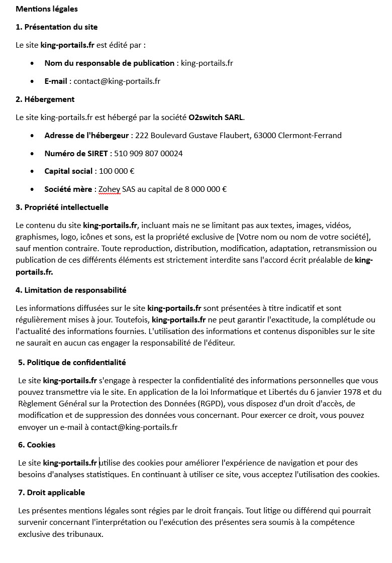 Mentions Légales king-portails.fr